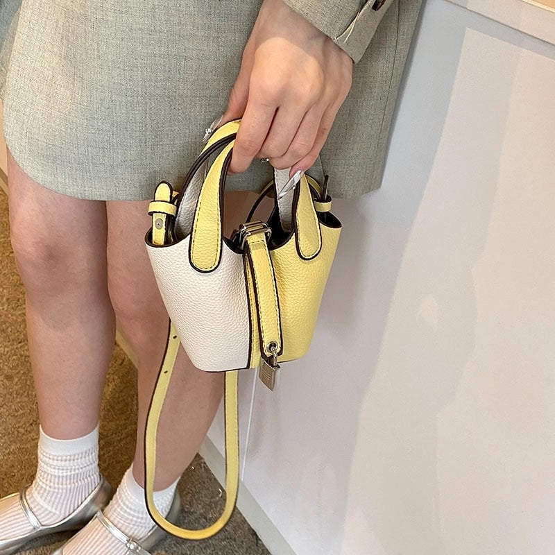 Girl'S Pu Leather Color Block Streetwear Bucket Lock Clasp Shoulder Bag Handbag Crossbody Bag
