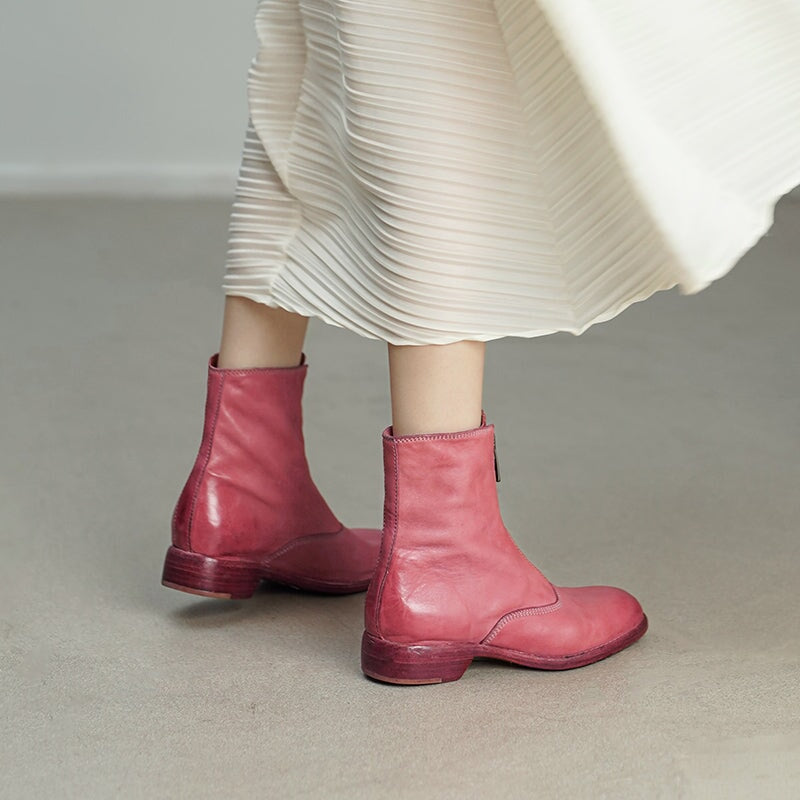 Washed Horse Leather Ankle Boots Front Zip Short Boots For Women in Black/Pink/Red/Grey