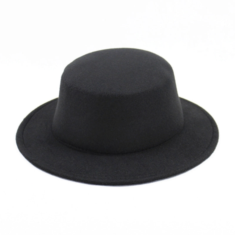 Retro Pure Black Flat Top Hat Couple Men And Women Gentleman's Hat Spring And Autumn Performance Big Brimmed Woolen Warm Hat
