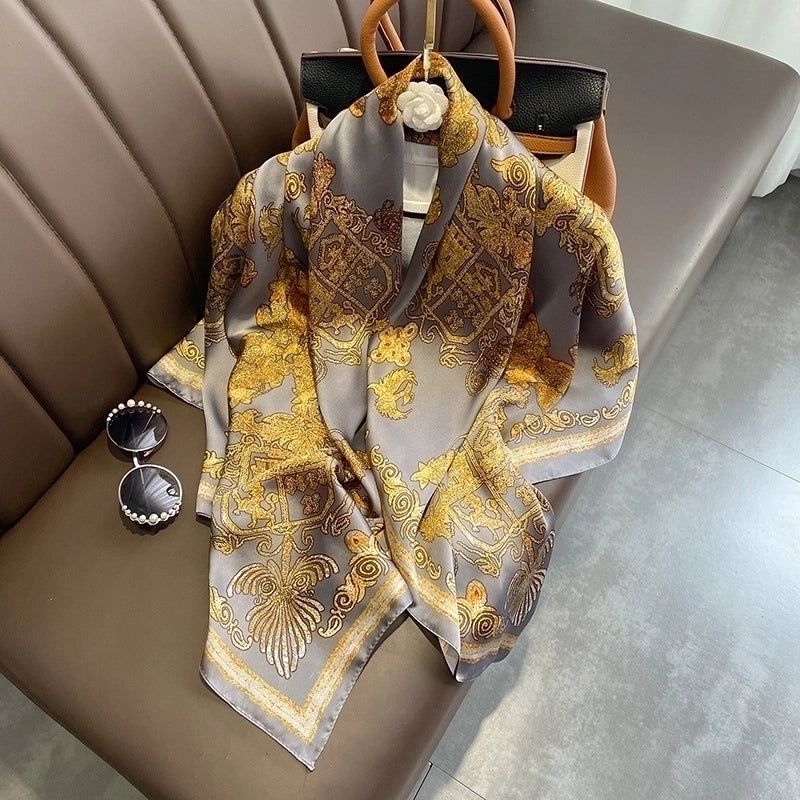 Classic Blue Orange Big Flower Simulation Silk Scarf Large Square Shawl