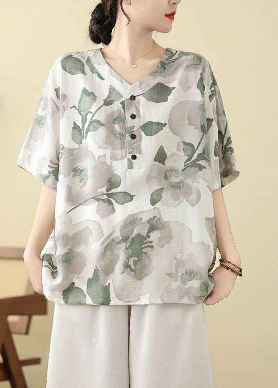 Plus Size White Print Button T Shirt Summer