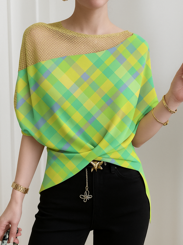 Half Sleeves High-Low Contrast Color Knot Split-Joint Round-Neck T-Shirts Tops