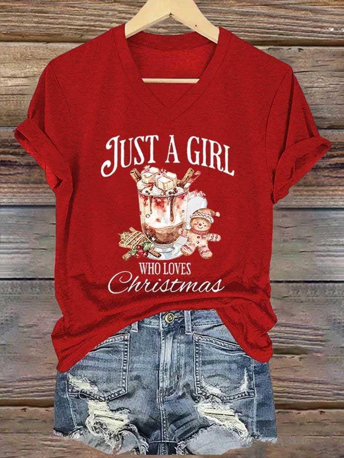 Women's Just A Girl Who Loves Christmas Print Casual V-Neck T-Shirt