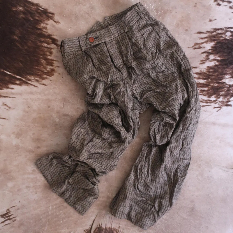 Vintage Men's Dark Herringbone Linen Blend Basic Trousers