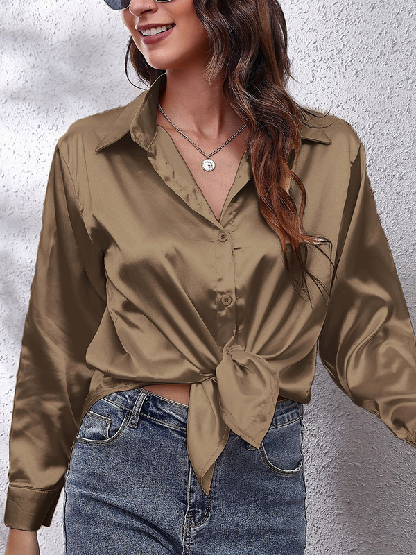 Long Sleeves Loose Solid Color Lapel Blouses&Shirts Tops