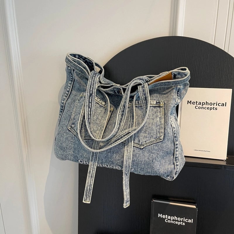 Women's Large Denim Solid Color Streetwear Magnetic Buckle Tote Bag