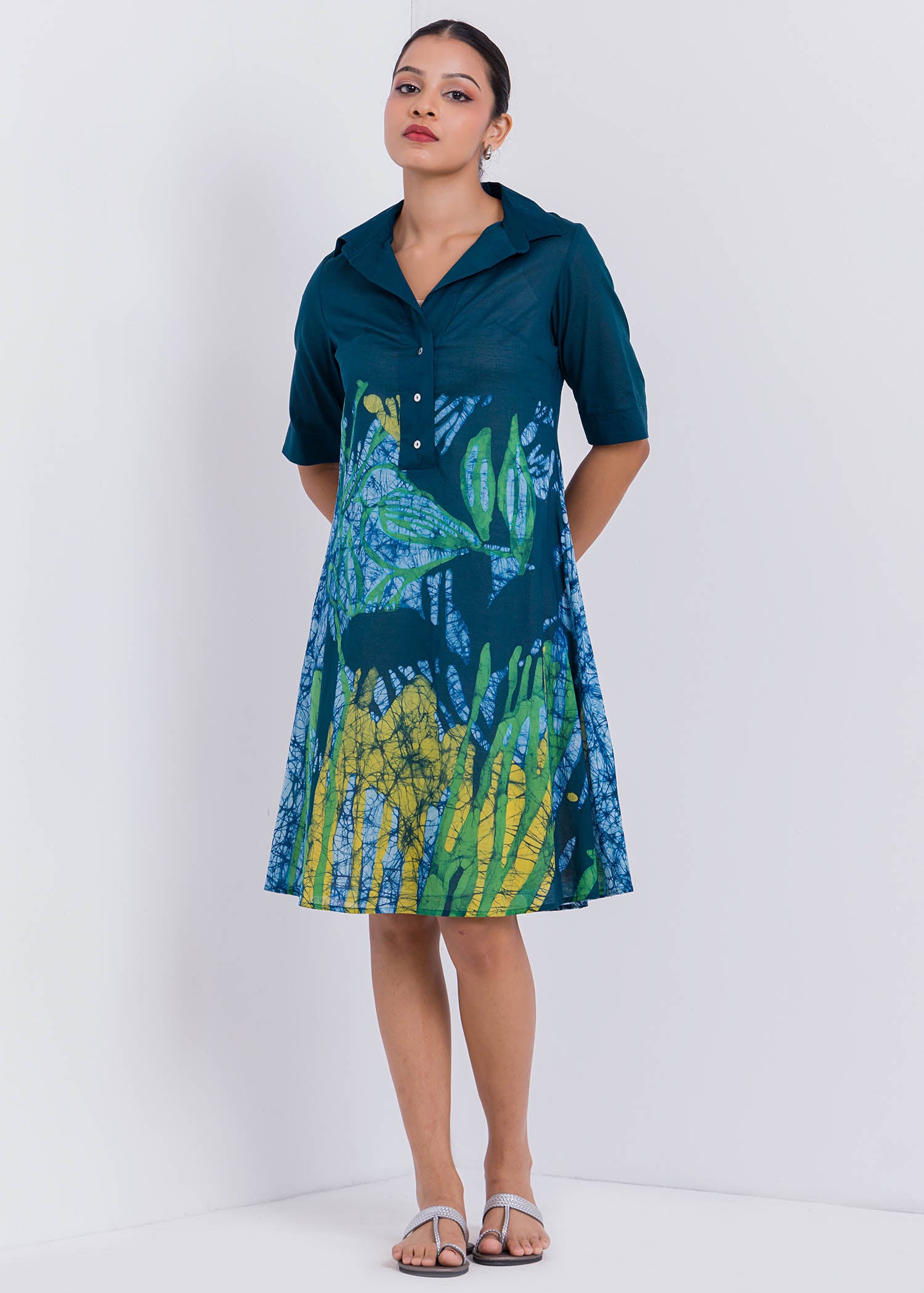 Bird Printed Collared Batik Dress