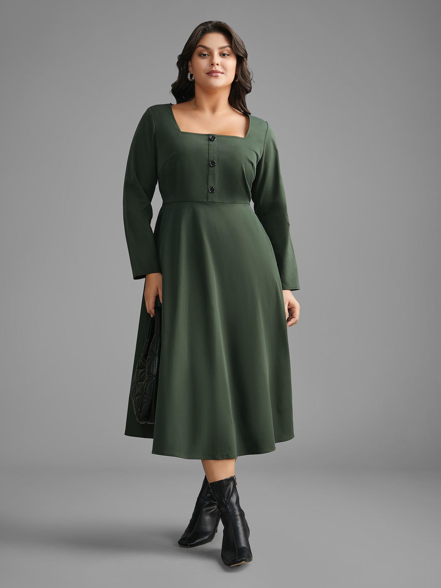 Square Neck Plain Button Detail Dress