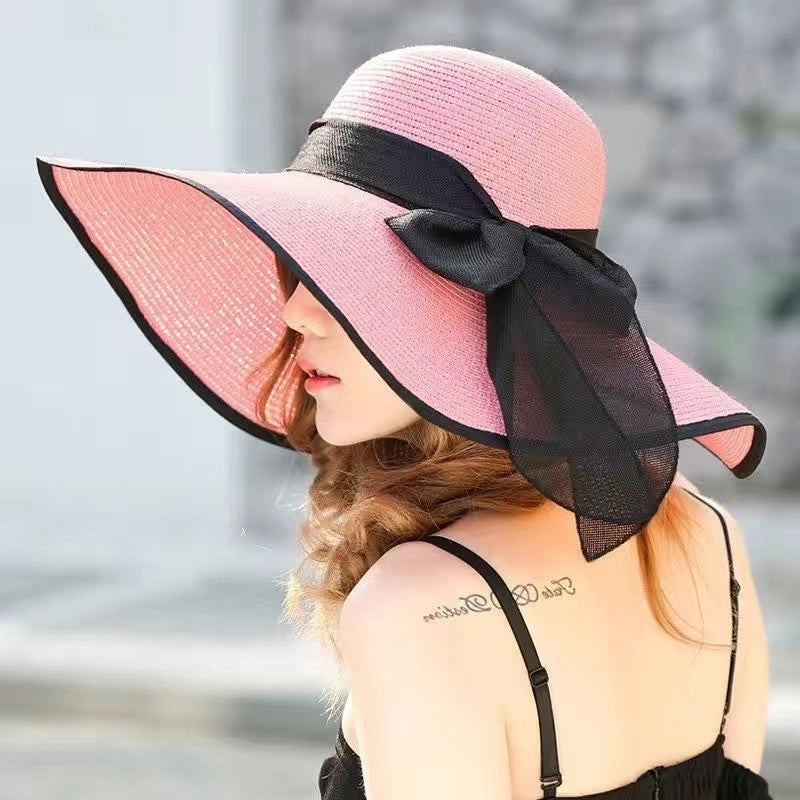 Women's Minimalist Classic Style Color Block Big Eaves Straw Hat