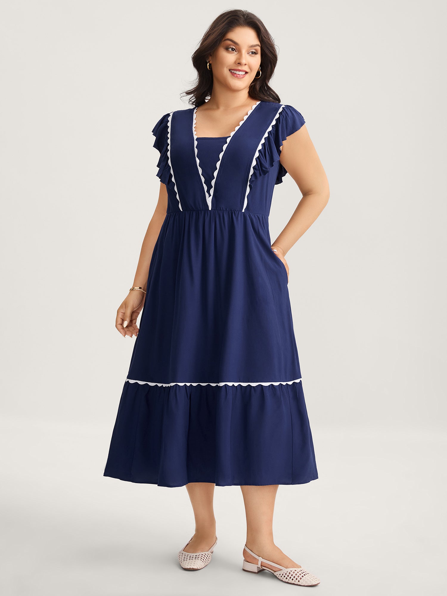 Rayon Collar Ribbon Contrast Pockets Midi Dress
