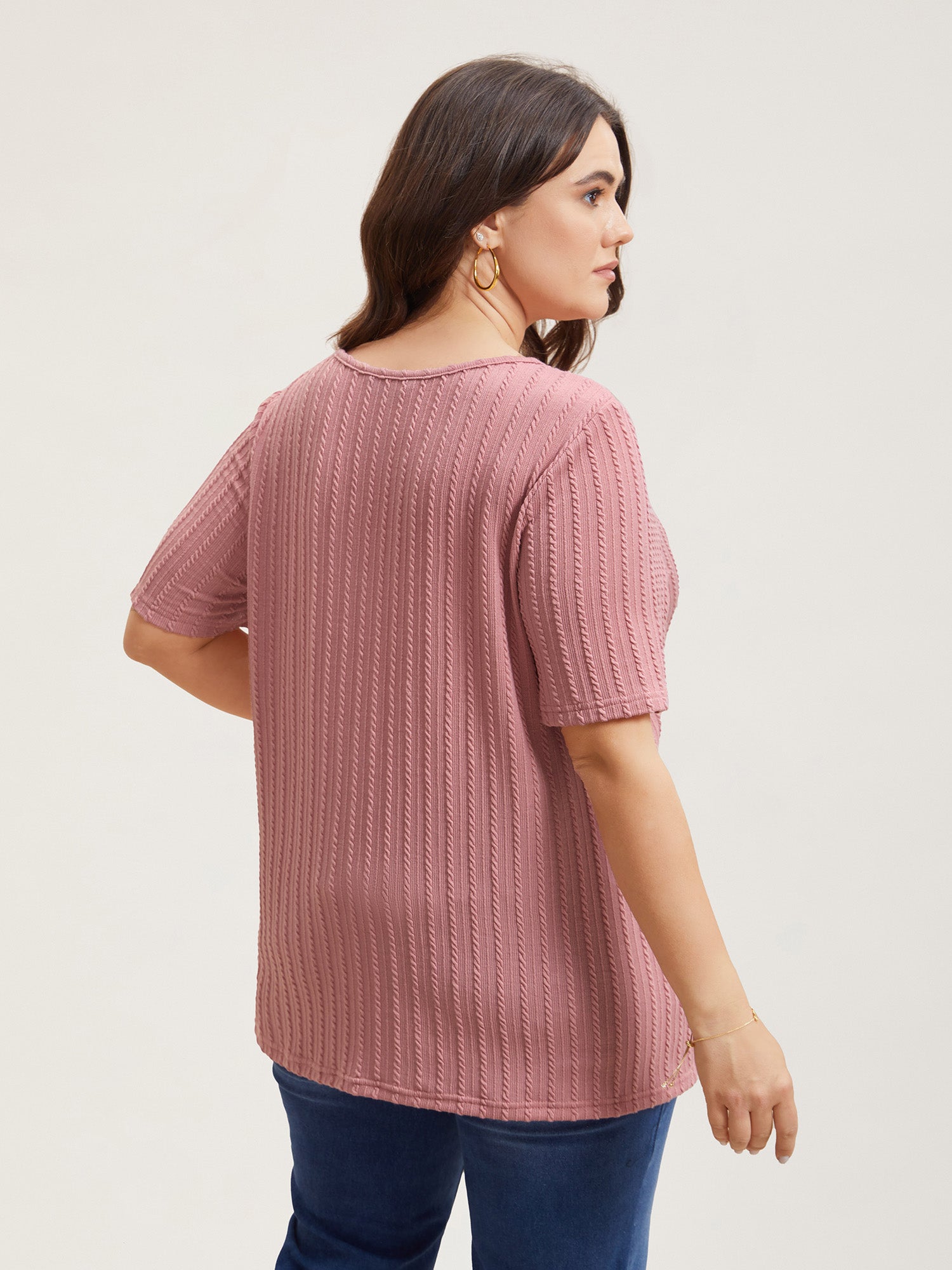 Cable Knit Textured Round Neck T-Shirt