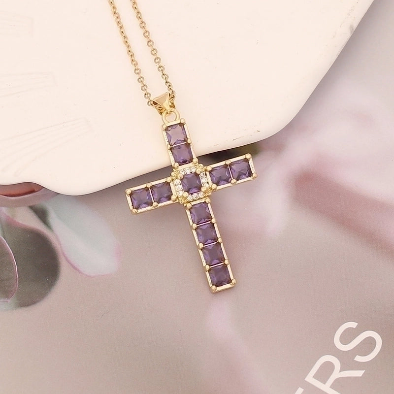 Stainless Steel Copper 18K Gold Plated Fashion Inlay Cross Zircon Pendant Necklace