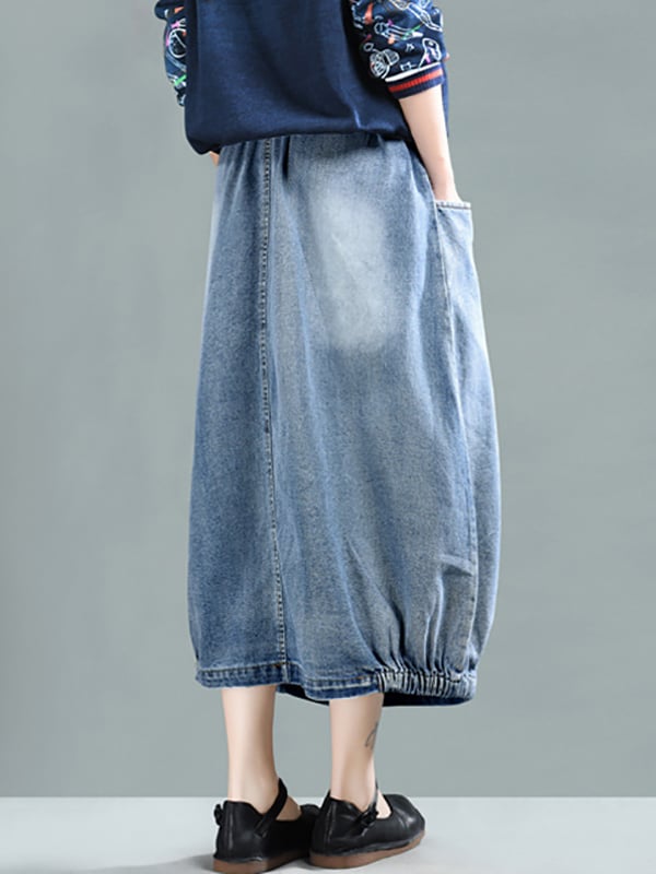 Vintage Loose A-Line Elasticity Solid Color Skirts Bottoms