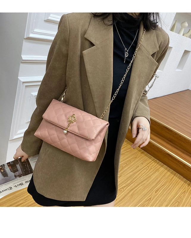 Small Pu Leather Pure Color Pearl Diamond Chain Bag Hander Bag
