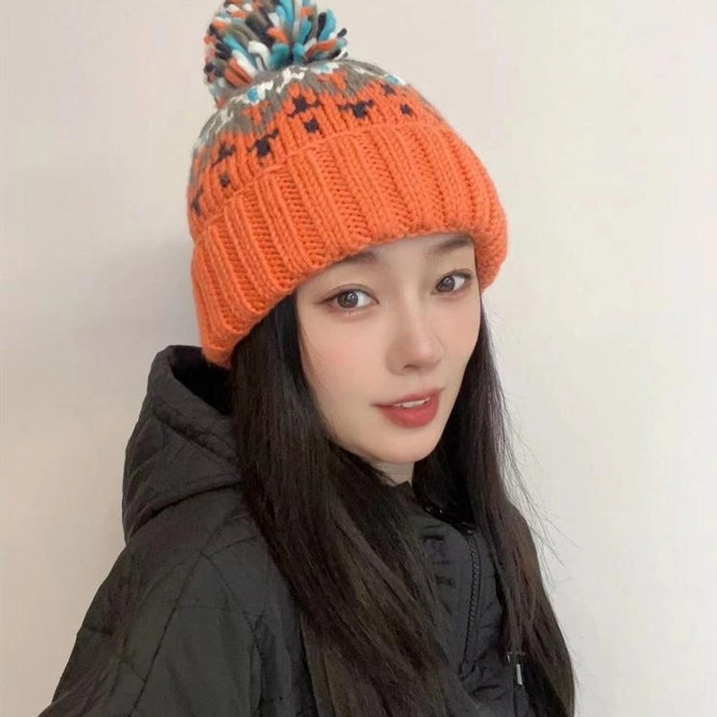 Warm Blue Knitted Hat Female Fashion Brand Colorful Fur Ball Christmas Hat Autumn And Winter Ear Protection Wool Hat