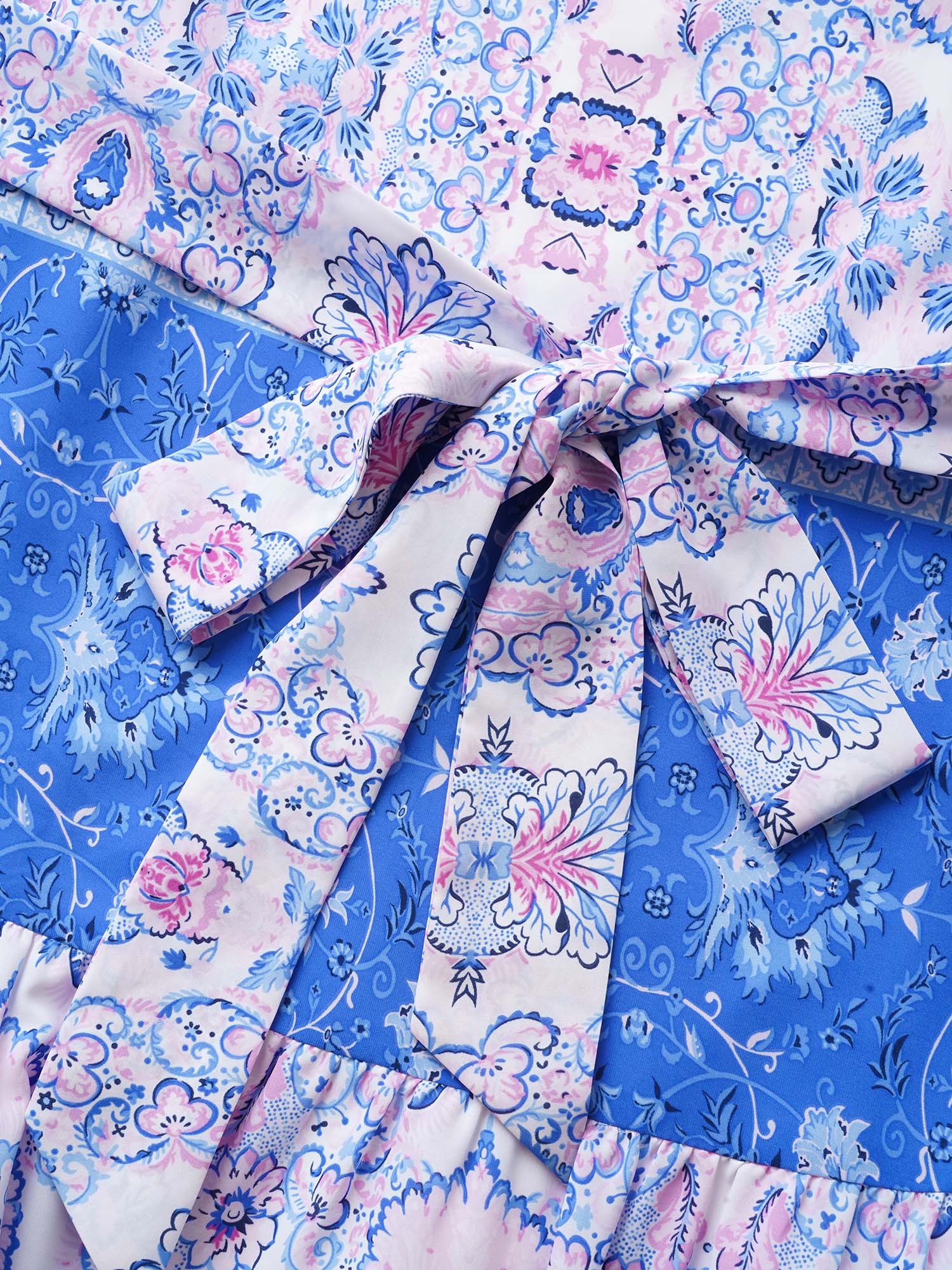 Boho Print Ruffle Sleeve Belted Midi Dress