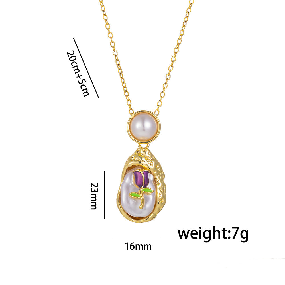 Retro Oil Drop Baroque Freshwater Pearl Enamel High-Grade Painted Flower Pendant Necklace