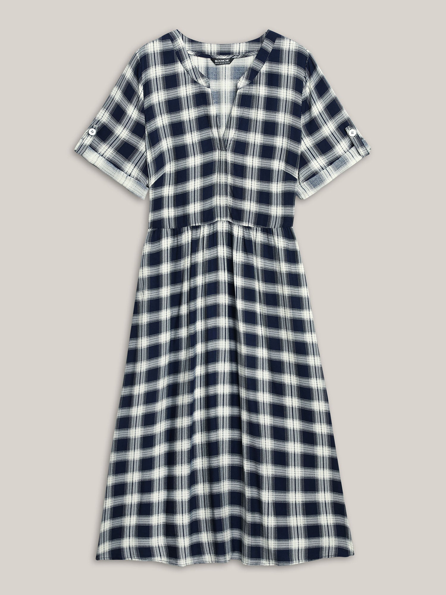 Plaid Pattern Tab Sleeve Pockets Midi Dress