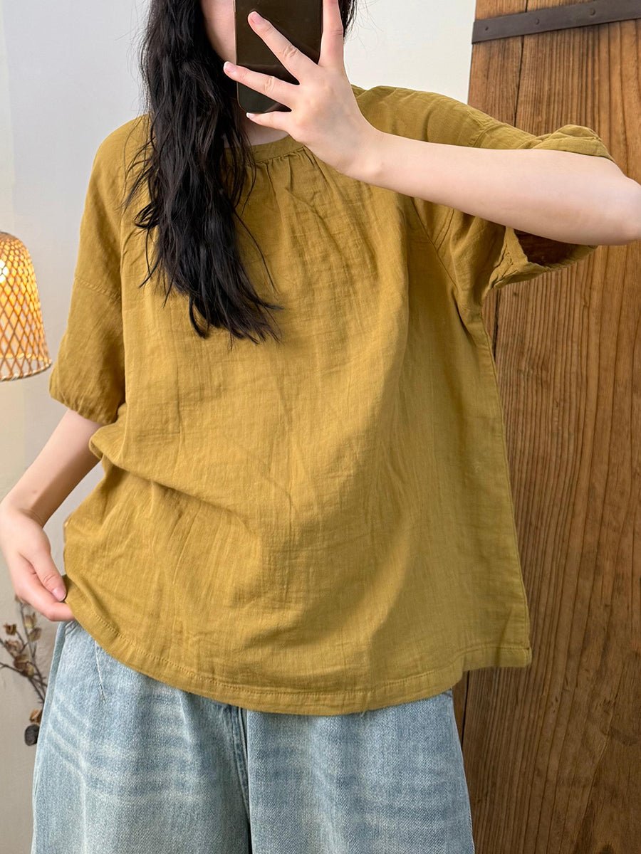 Women Summer Casual Pure Color Cotton O-Neck Shirt