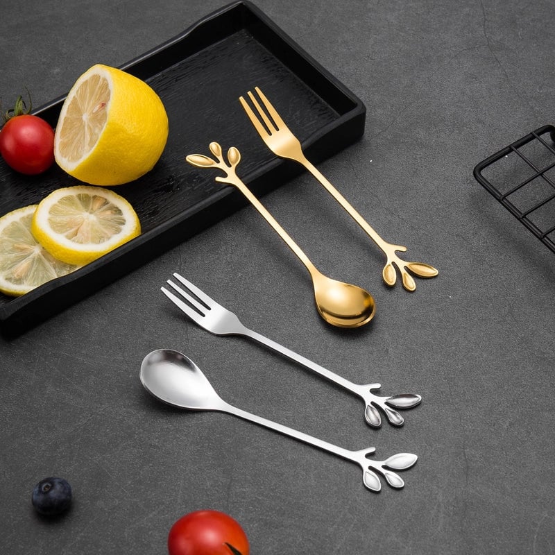 Stainless Steel Creative Leaf Spoon Fork Coffee Spoon Dessert Spoon Gold-plated Fruit Fork Honey Mixing Spoon Ice Cream Spoon