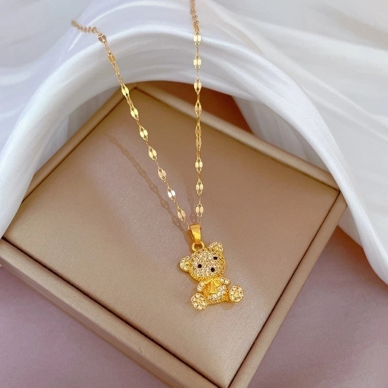 Minimalist Bear Titanium Steel Copper Plating Inlay Zircon Pendant Necklace