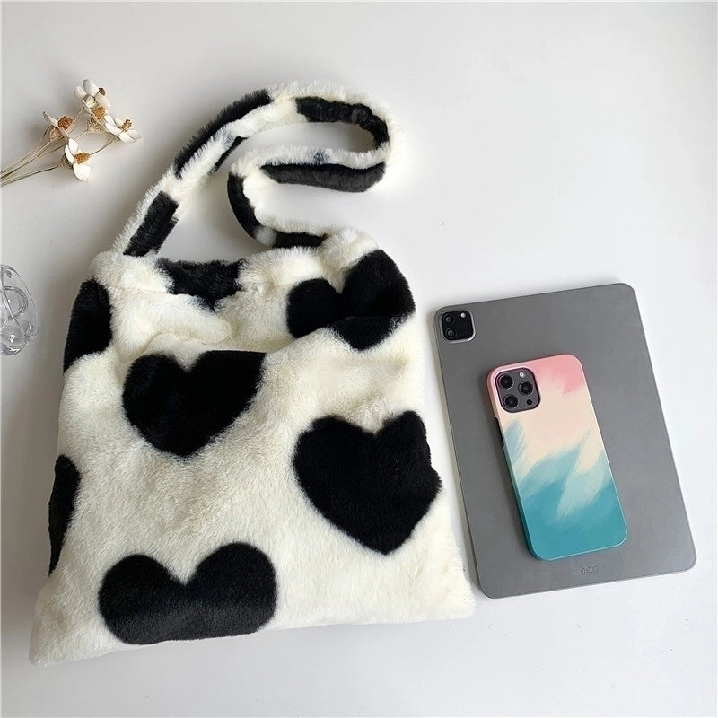 Women's Large Autumn&winter Plush Heart Shape Cute Square Sticky Cloth Underarm Bag
