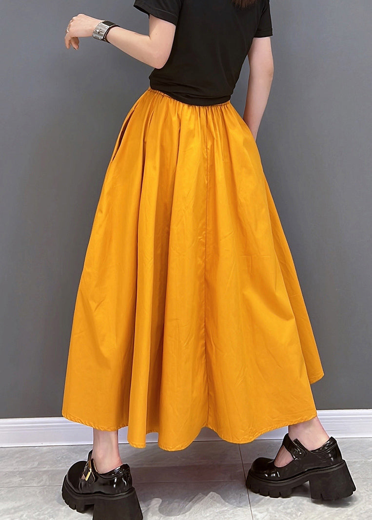 Chic Solid Orange Elastic Waist Pockets Floral Cotton A Line Skirt Summer