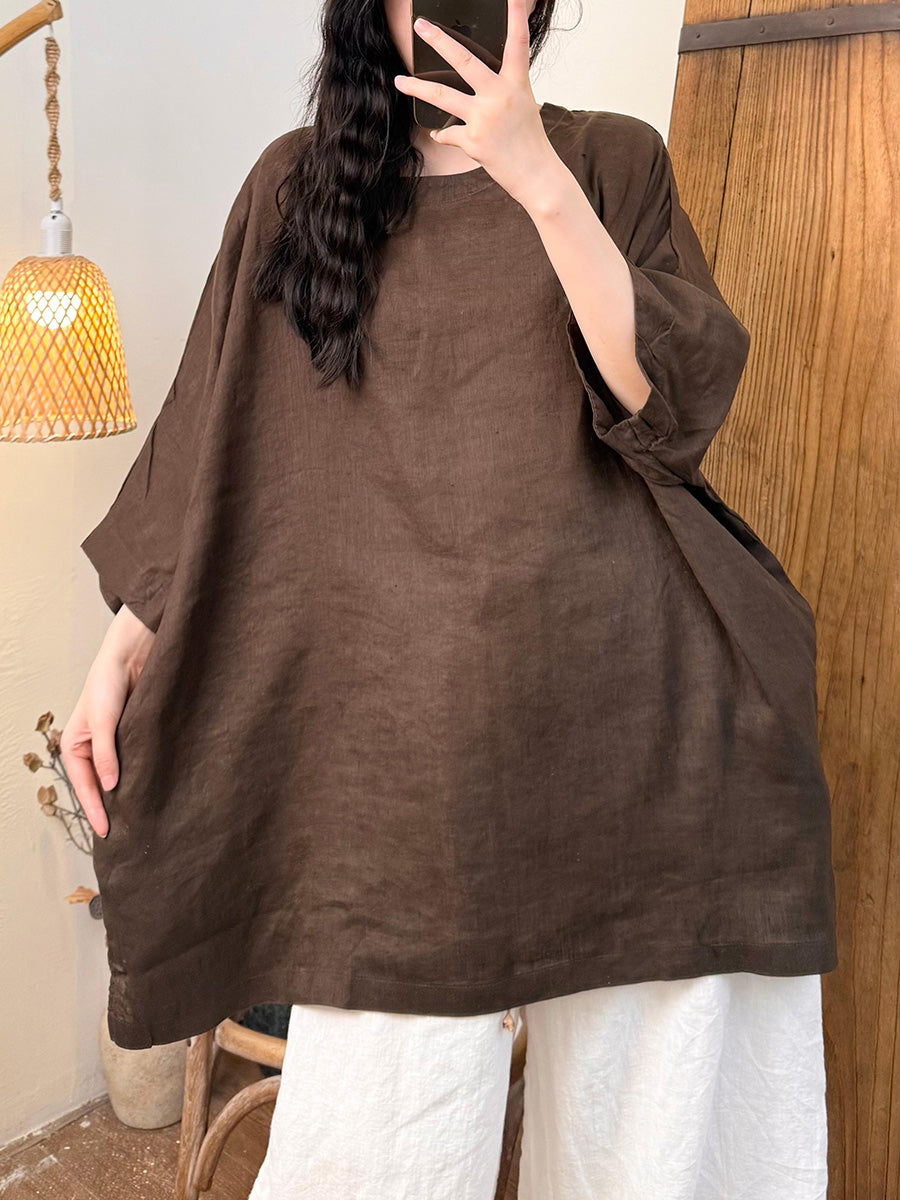 Women Summer Pure Color O-Neck Hemp Shirt