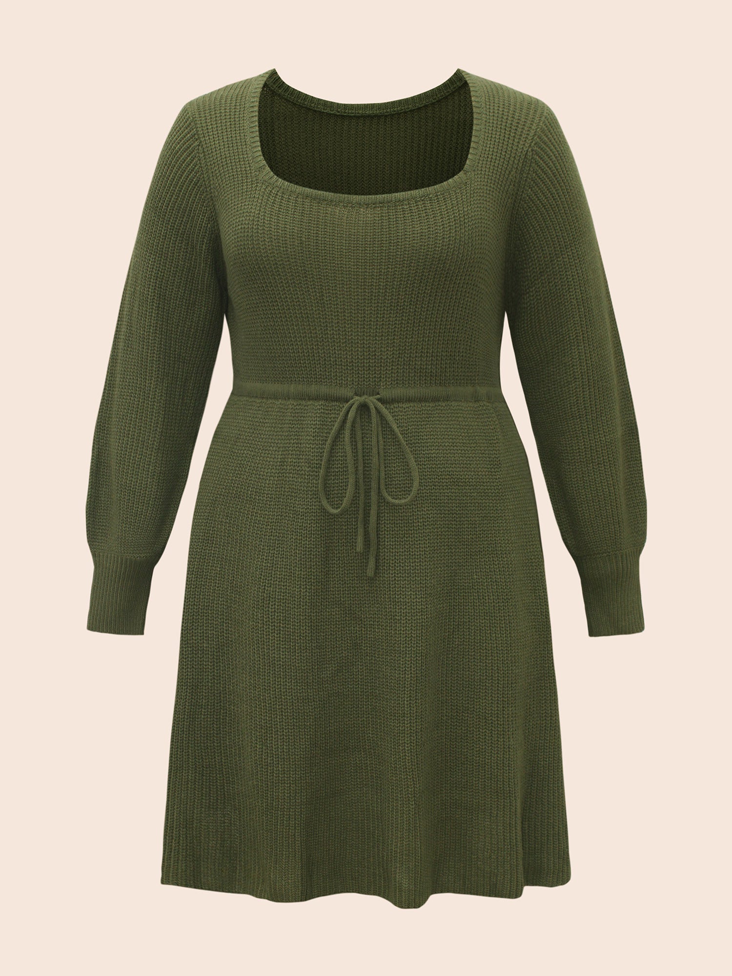 Square Neckline Waist-Tie Midi Sweater Dress