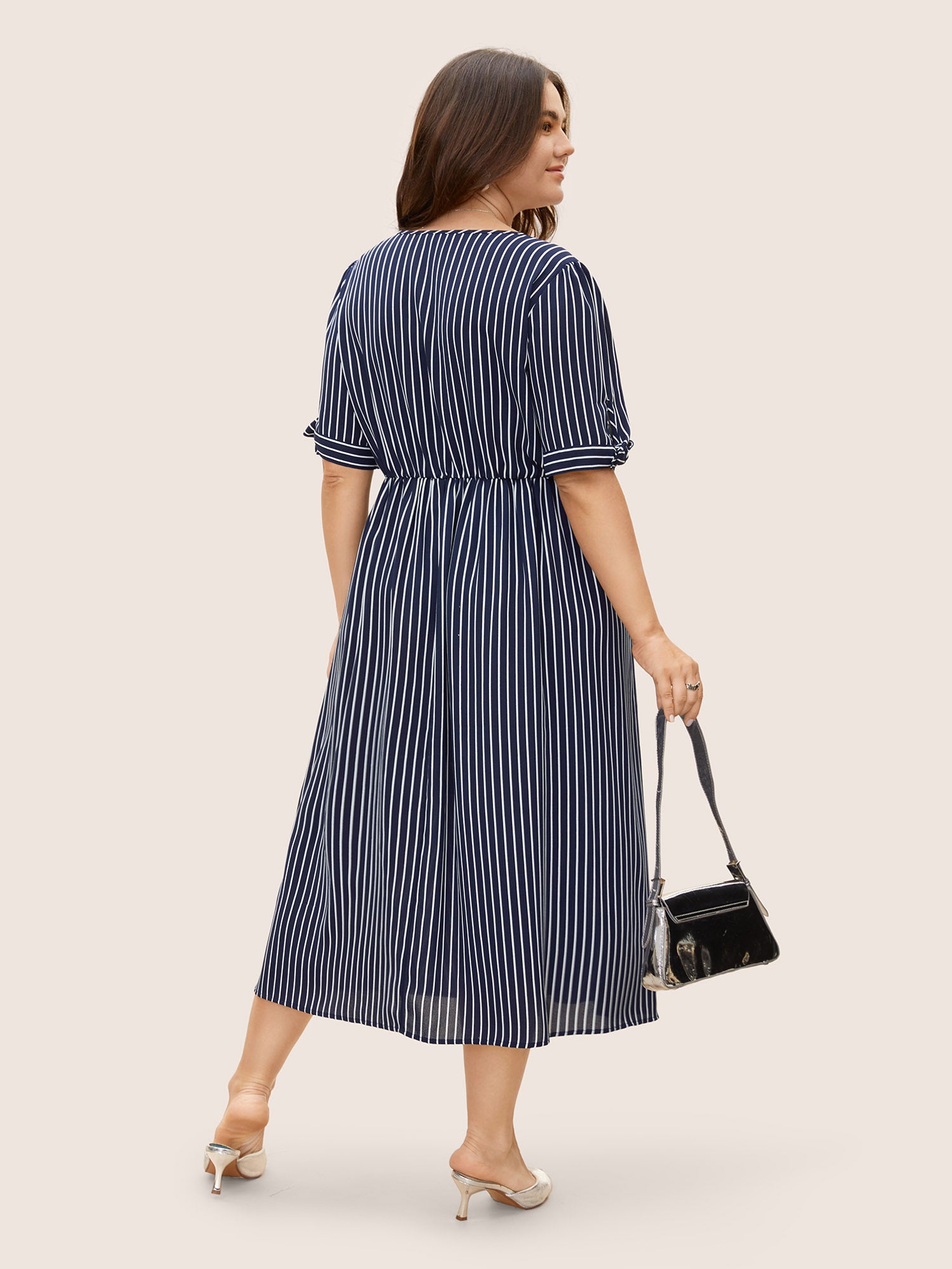 Striped Knot Sleeve Button Detail Dress