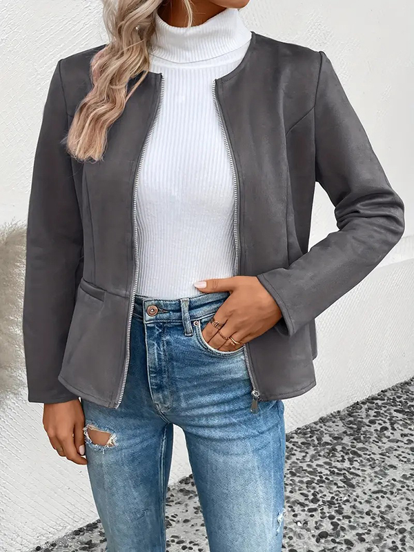 Long Sleeves Loose Pockets Solid Color Split-Joint Zipper Round-Neck Jackets Outerwear