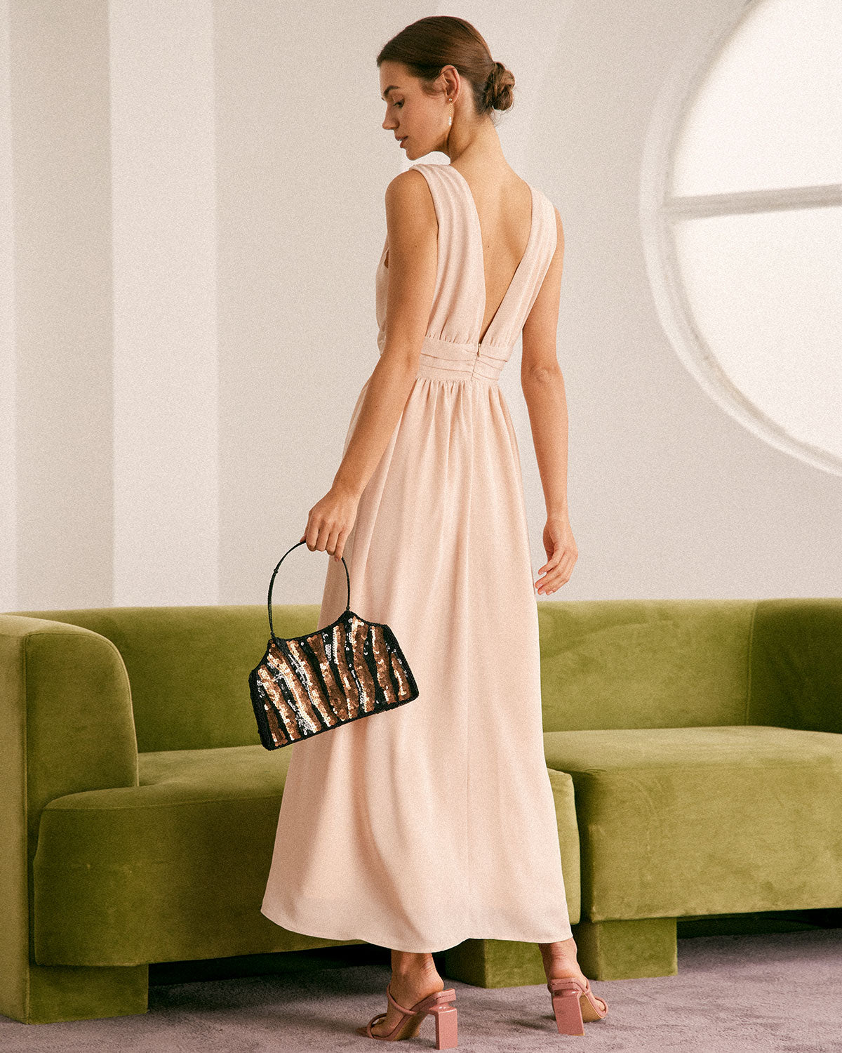 The Apricot V Neck Ruched Wrap Maxi Dress