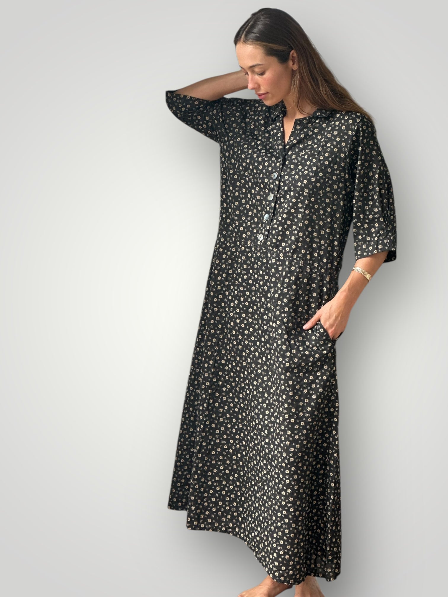 bridget dress -small charcoal  flower cotton