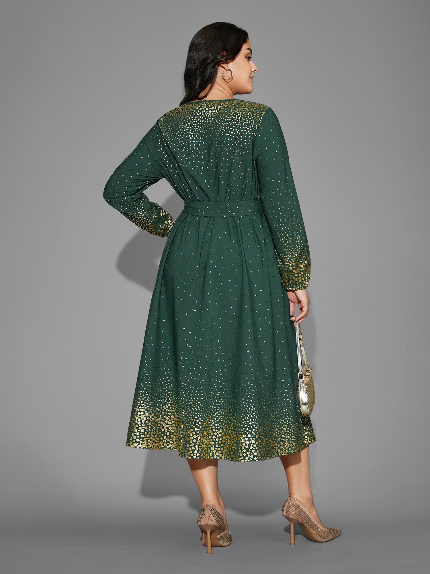 Glitter Round Neck Belted Lantern Sleeve Dress