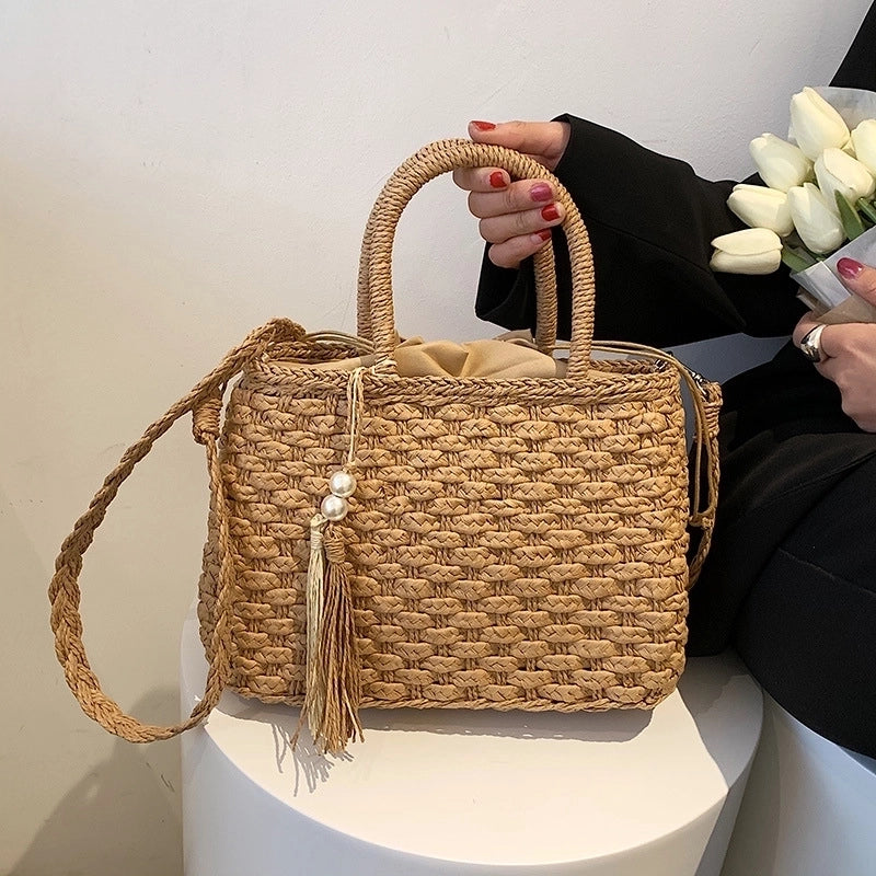 Women's Medium Straw Solid Color Streetwear Square String Shoulder Bag Handbag Crossbody Bag