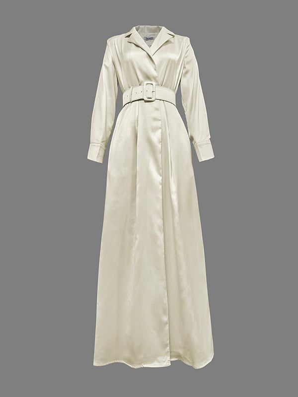 Long Sleeves Loose No Belt Solid Color Notched Collar Maxi Dresses