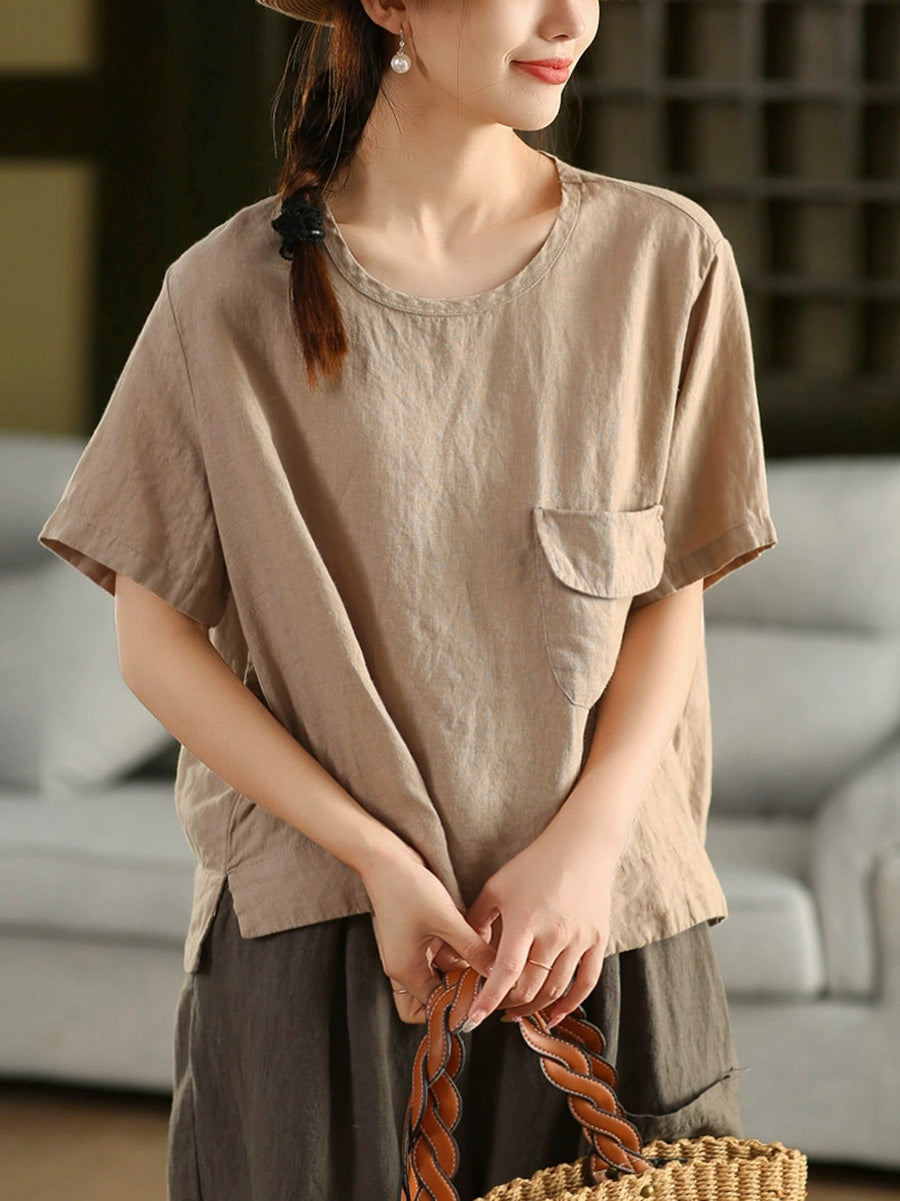 Women Summer Artsy Pure Color 100%Linen O-Neck Shirt