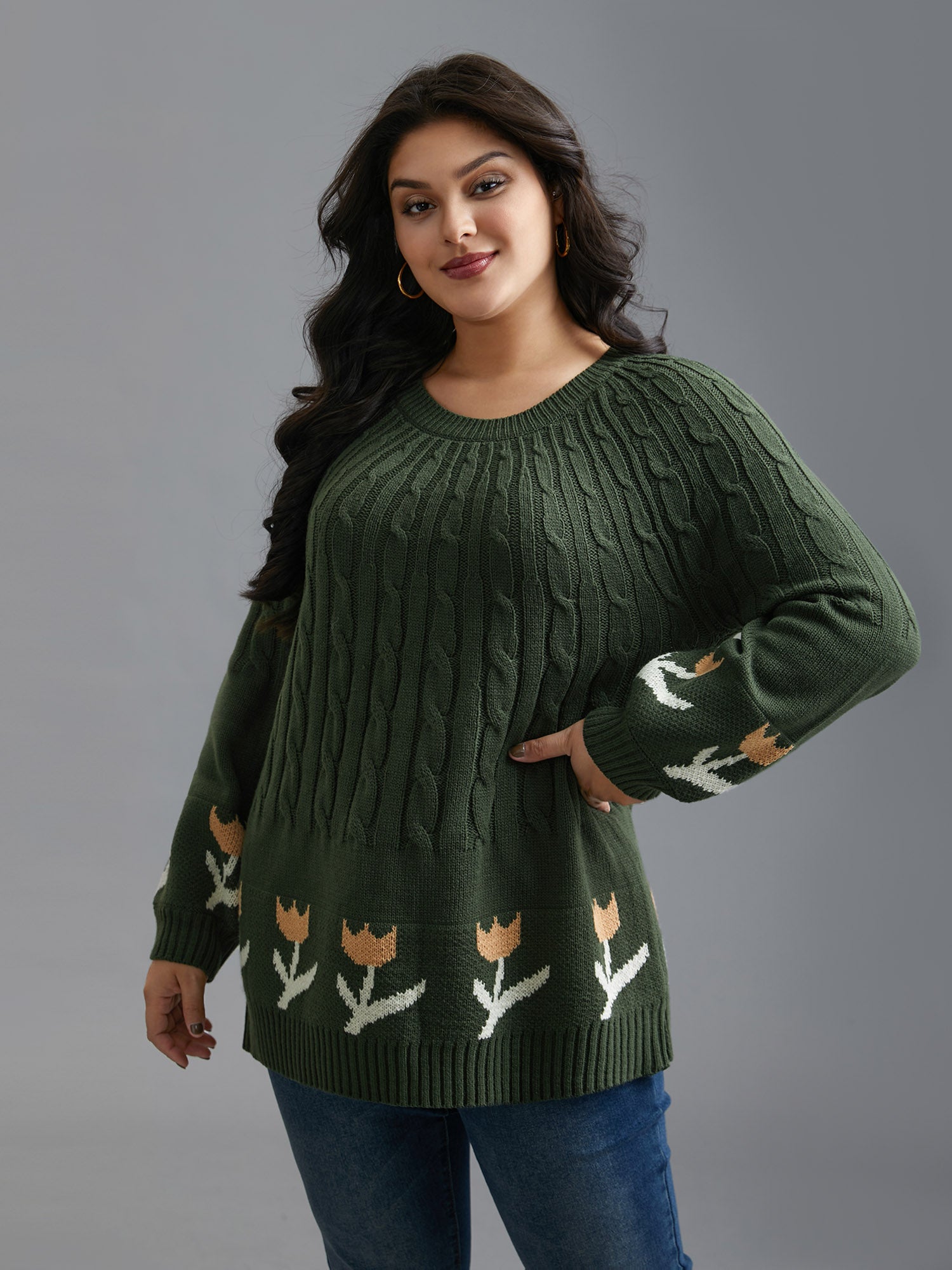 Cable Knit Floral Ribbed Hem Pullover