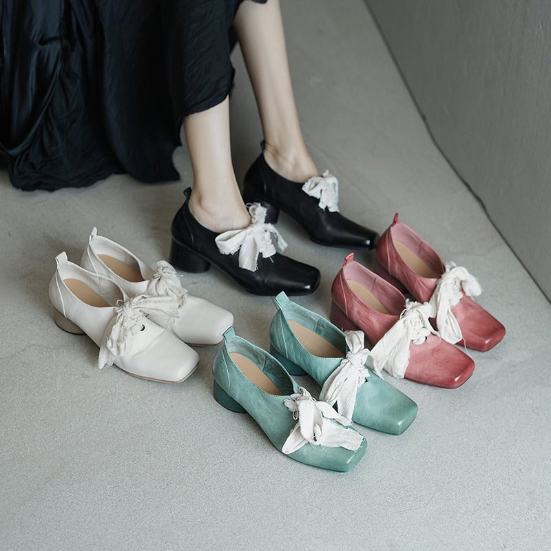 French Artistic Washed Horse Leather Mary Jane Ballet Shoes Pink/Blue/Black/White