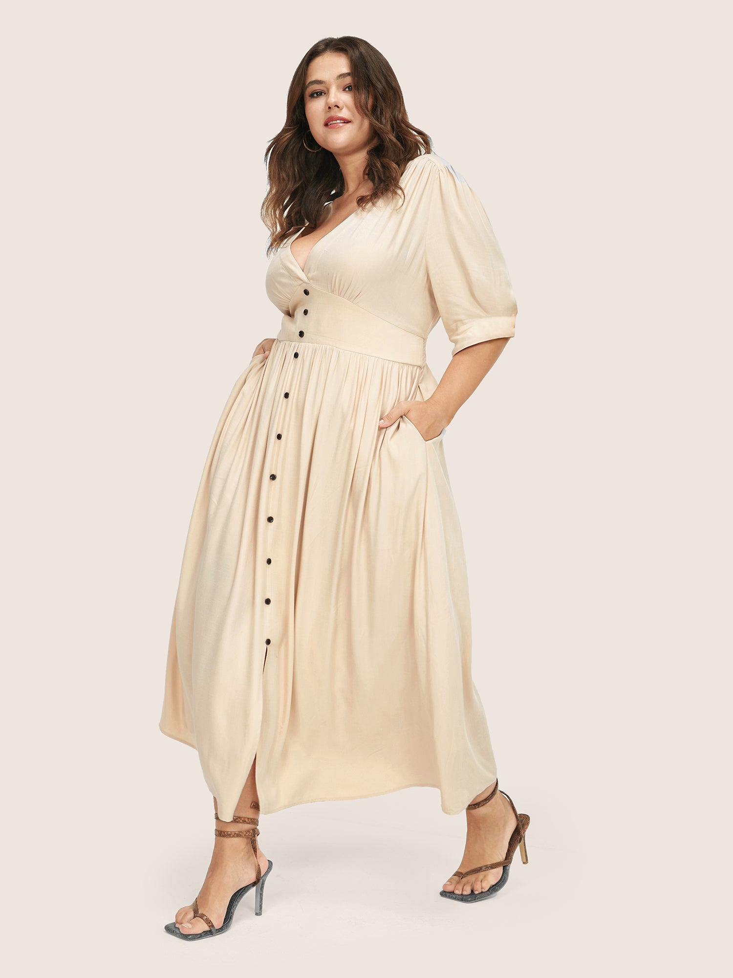 Plunging Neck Button Detail Pocket Maxi Dress