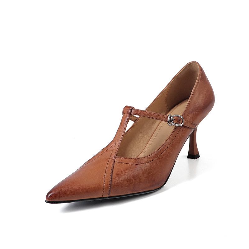 Elegant Pointed Toe T-Strap Kitten Heel Pumps 70mm Sheepskin Dress Shoes in Black/Brown
