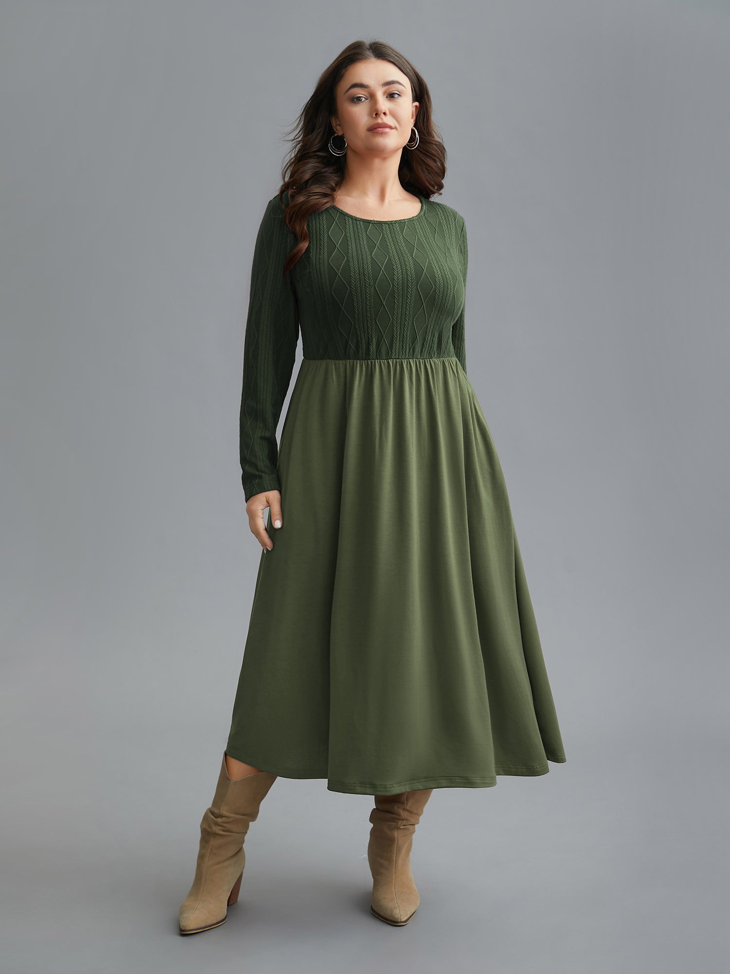 Cable Knit Round Neck Elastic Waist Midi Dress