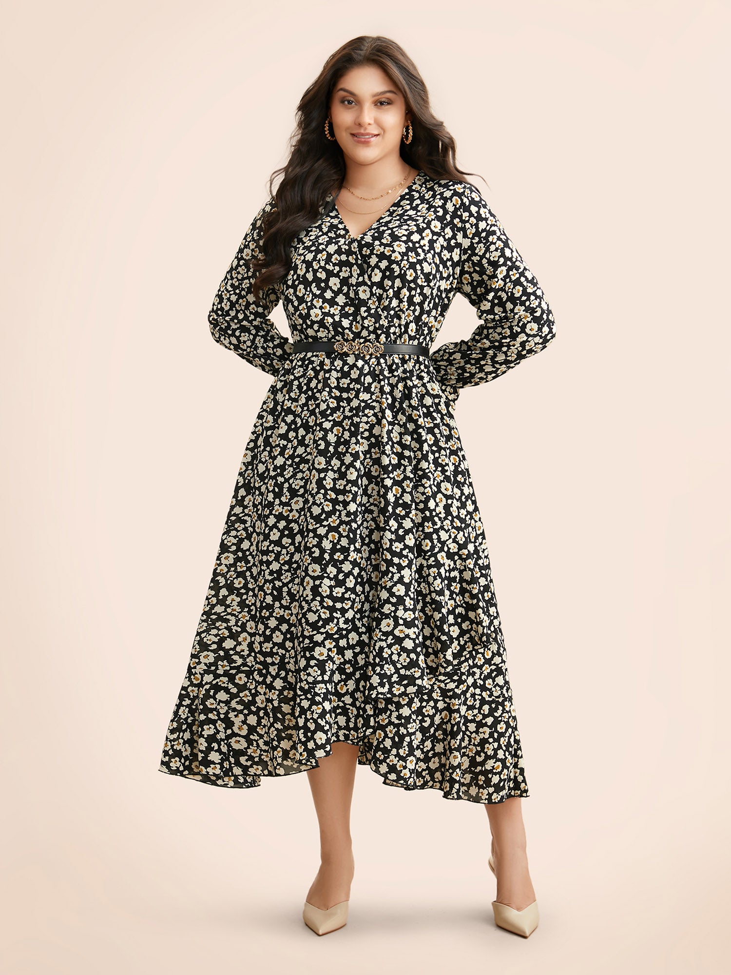 Ditsy Floral Overlap Collar Midi Dress