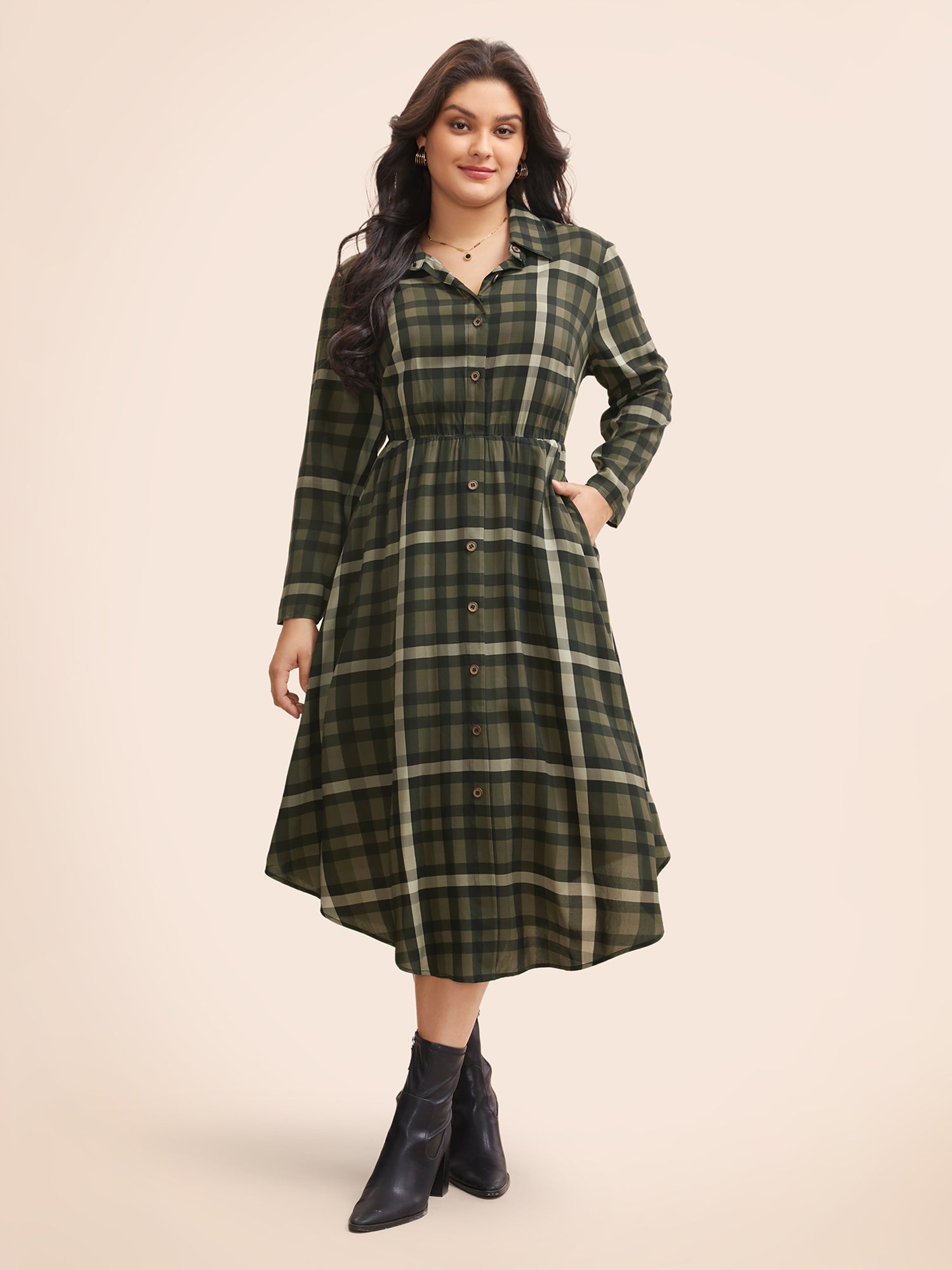 Plaid Shirt Collar Curved Hem Dress