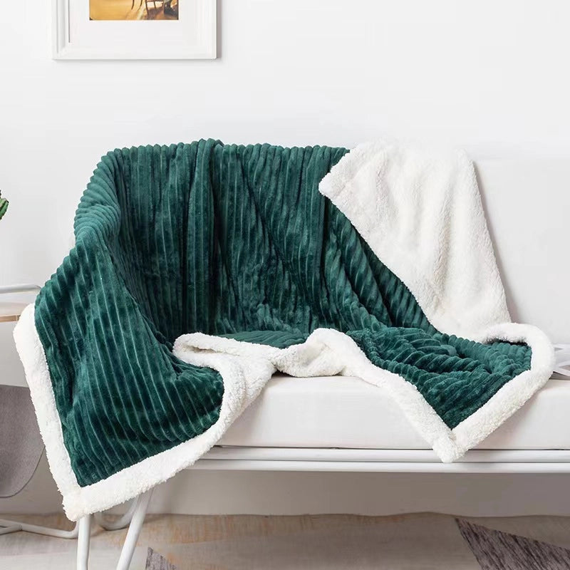 Plain Double Layer Lambskin Blanket Summer Flannel Blanket Striped Pattern Sofa Blanket Casual Nap Air-conditioning Blanket