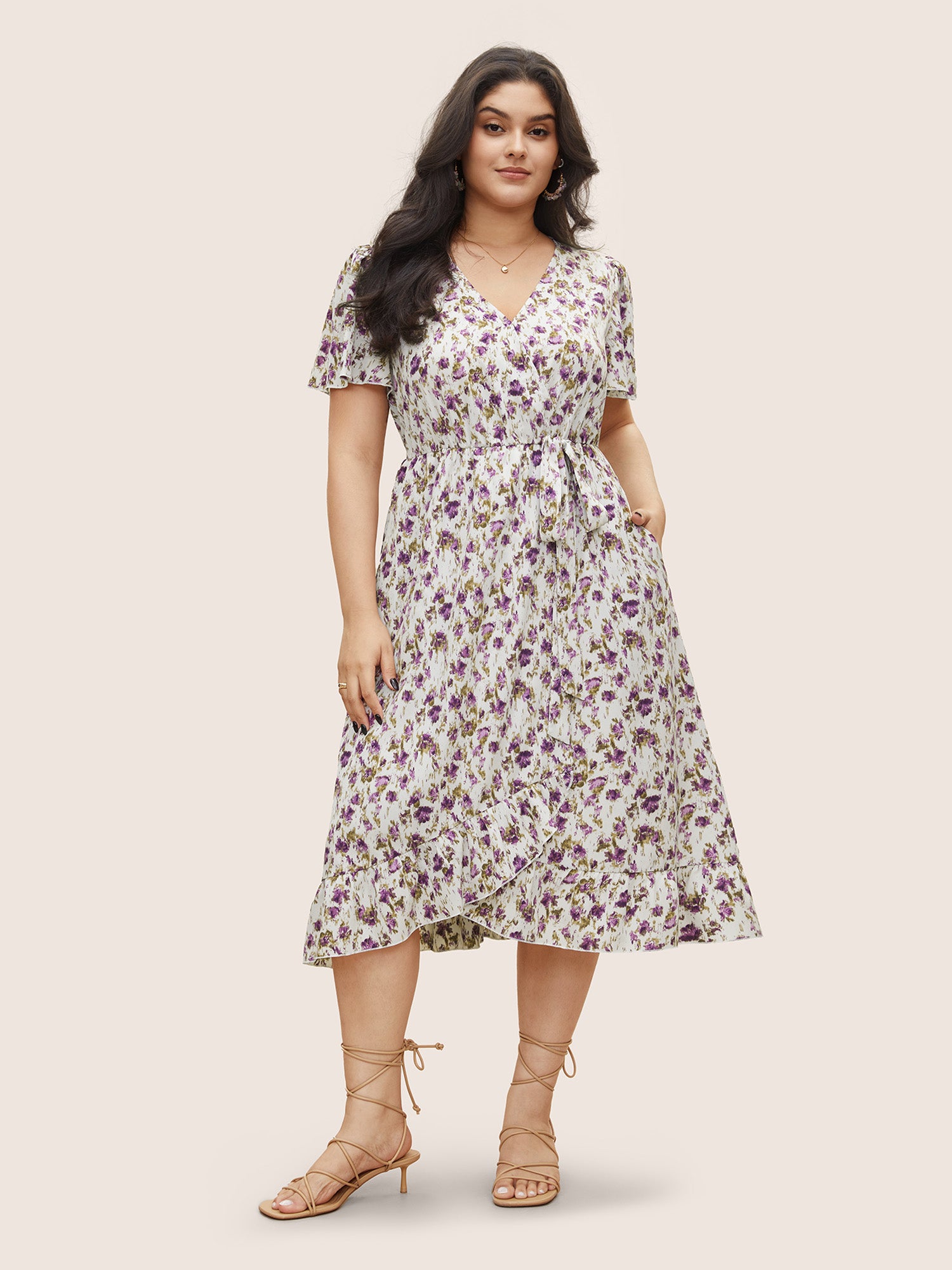 Pixel Flower Bowknot Surplice Neck Dress