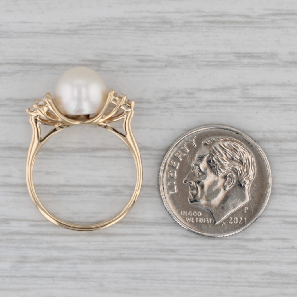 Cultured Pearl Diamond Clusters Ring 14k Yellow Gold Size 5.5