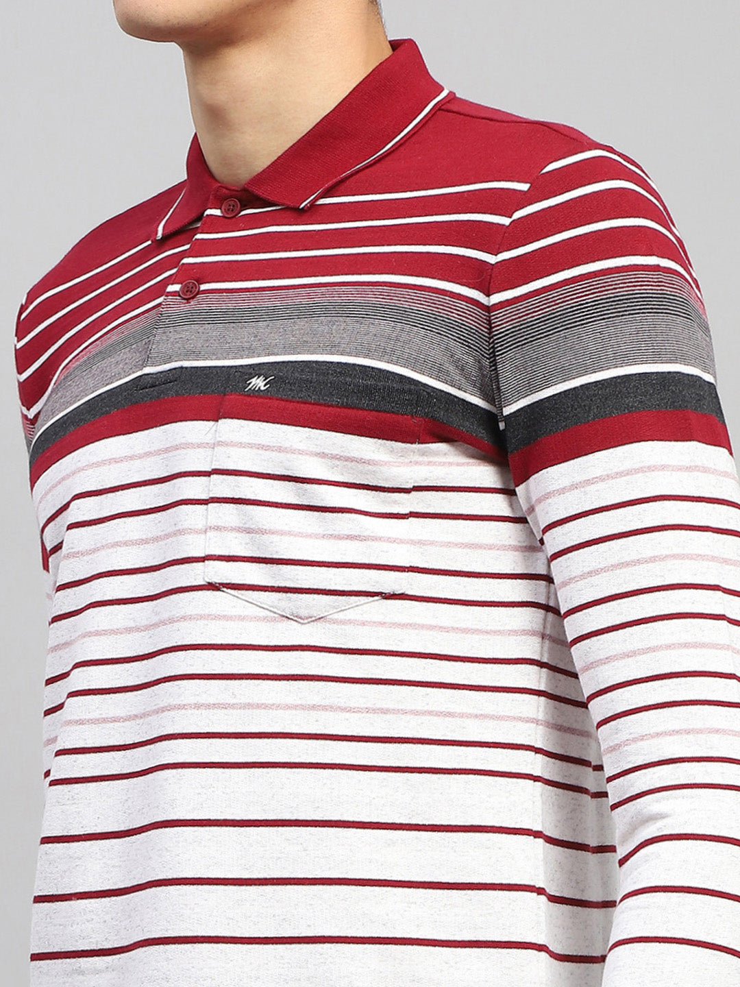 Men Maroo & White Stripe Collar Full Sleeve Winter T-Shirt