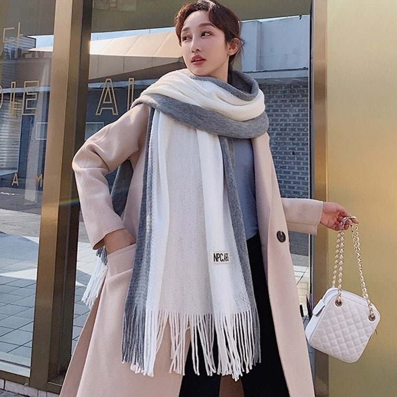 New Contrast Color Fashion Imitation Cashmere Scarf Women's Long Warm Student Scarf Tassel Couple's Shawl