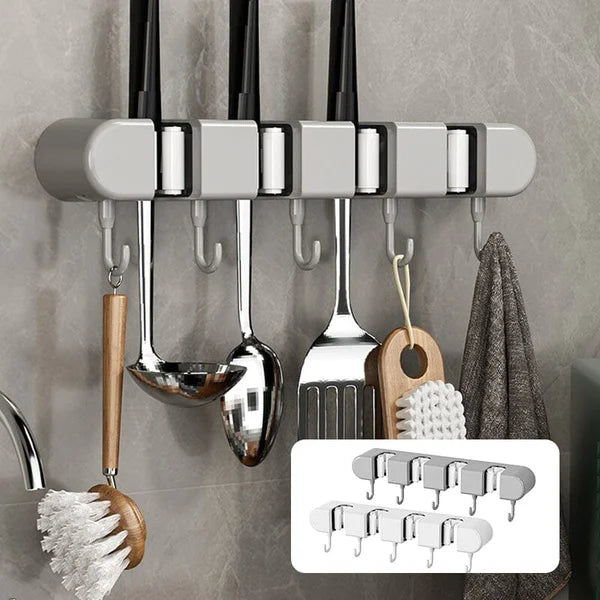 6 Slot & 6 Hook Wall Mounted Holder For Mop. Broom. Kitchen. Garden